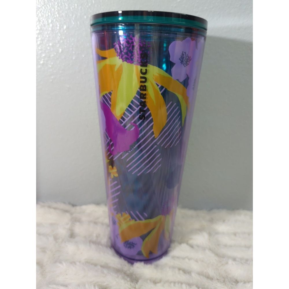 Starbucks Spring Tumbler, 2022,‎ Purple Flower Floral,  24 oz, No Straw
